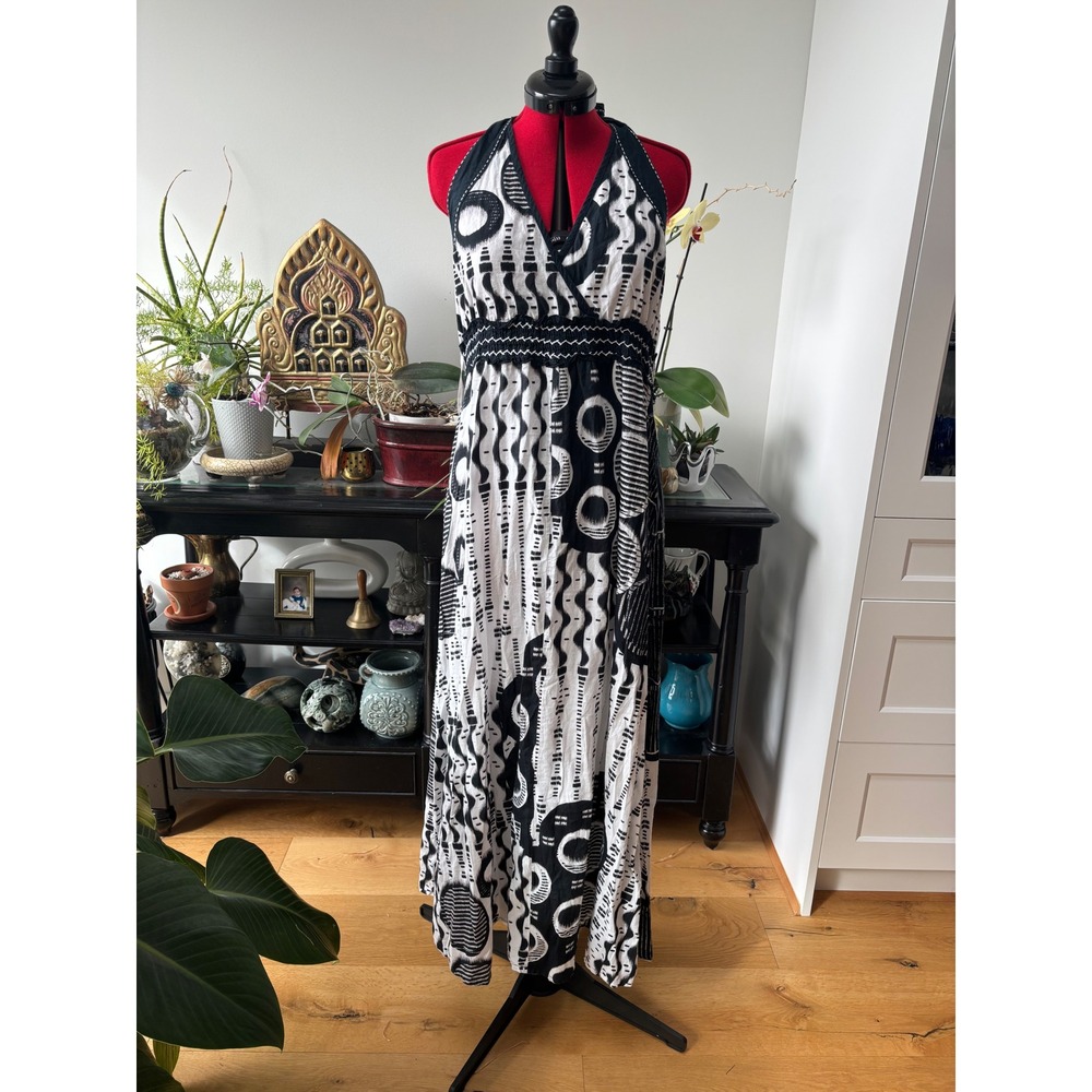 Orientique halter maxi dress women size M black white cotton boho geometric